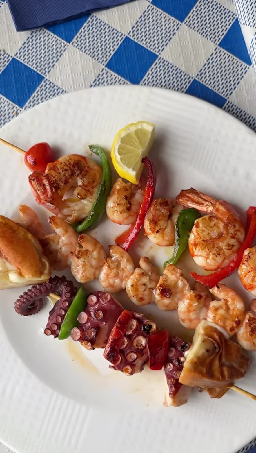 Mixed seafood skewers with prawns and octopus